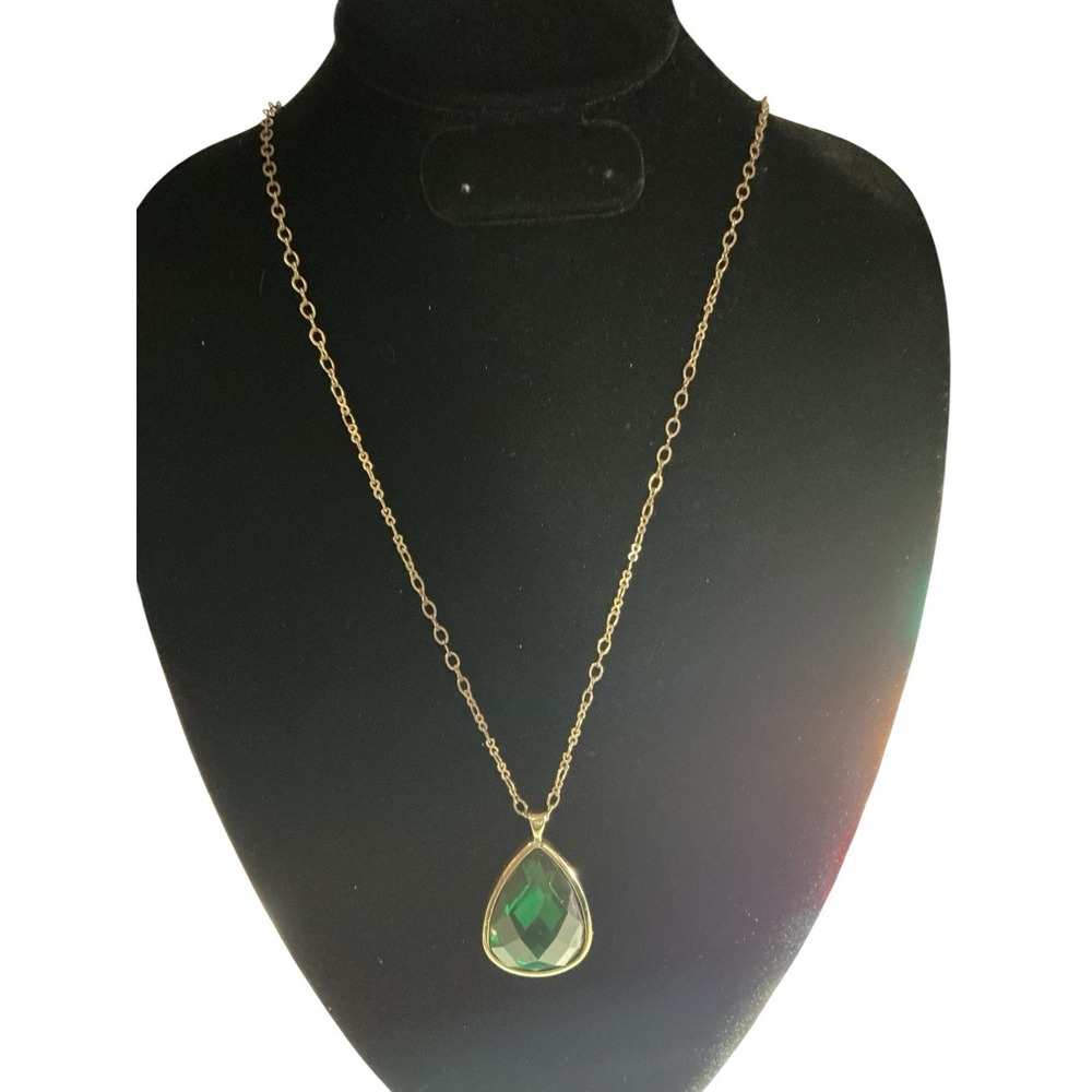 Lg Vtg Faux Emerald Teardrop Pendant And 36" Chain Gold Plated (tested As 14k)